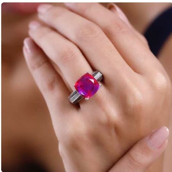 Stunning Volcanic Quartz, Lotus Garnet, White & Chocolate Zircon Platinum Ring 8 - Picture 3 of 16